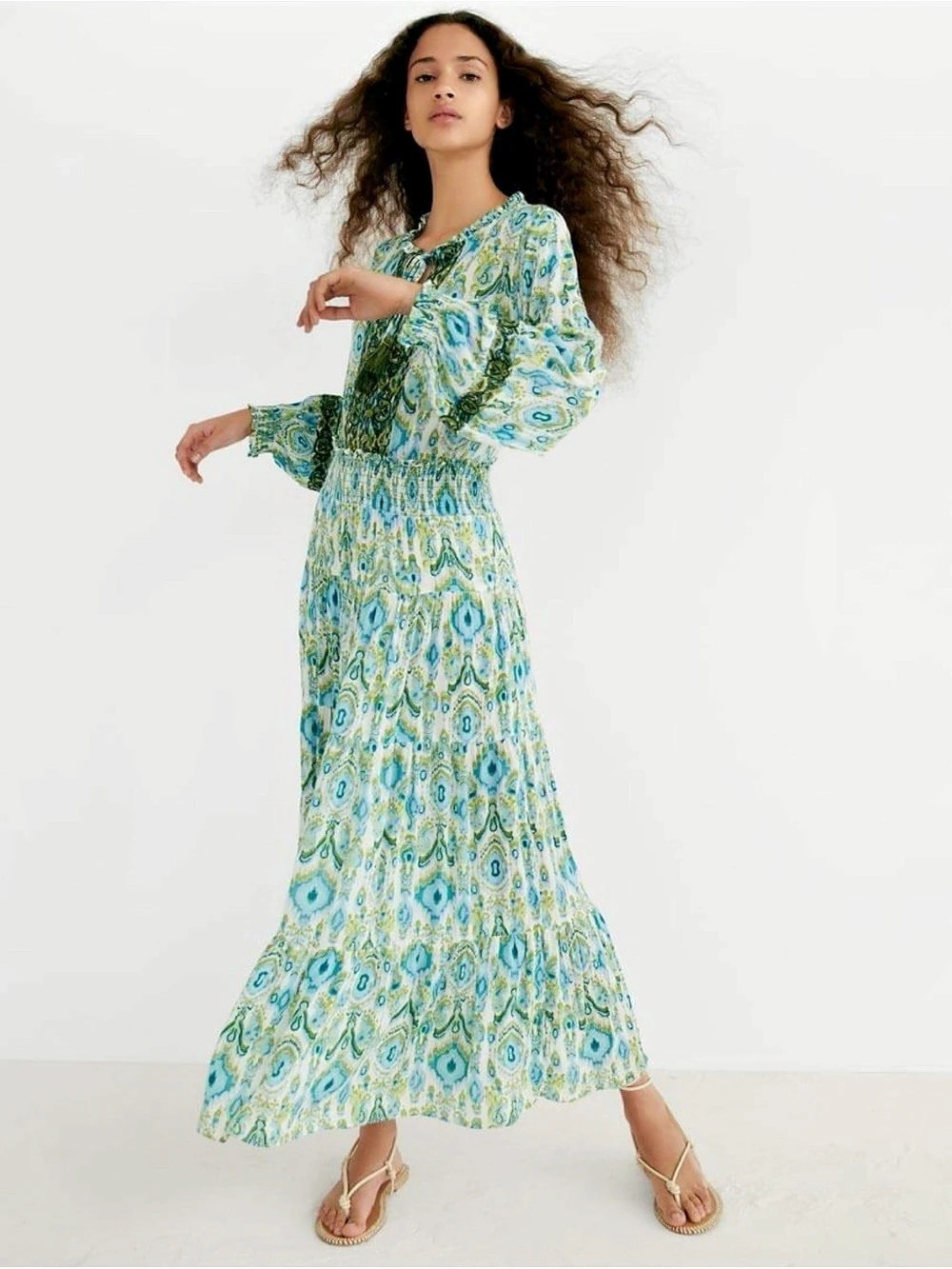 Zara Women's Geometric Maxi Dress in Green & Blue Like New